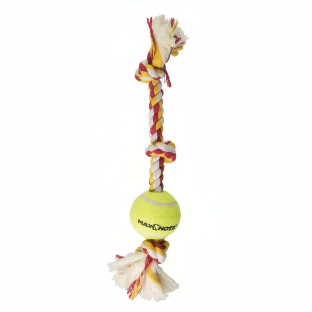 Mammoth Flossy Chews Color 3 Knot Tug w/Mini Tennis Ball – Premium Cotton-Poly Tug Toy for Dogs – Interactive – Rope Dog Toy for Small Dogs - Mini 11”