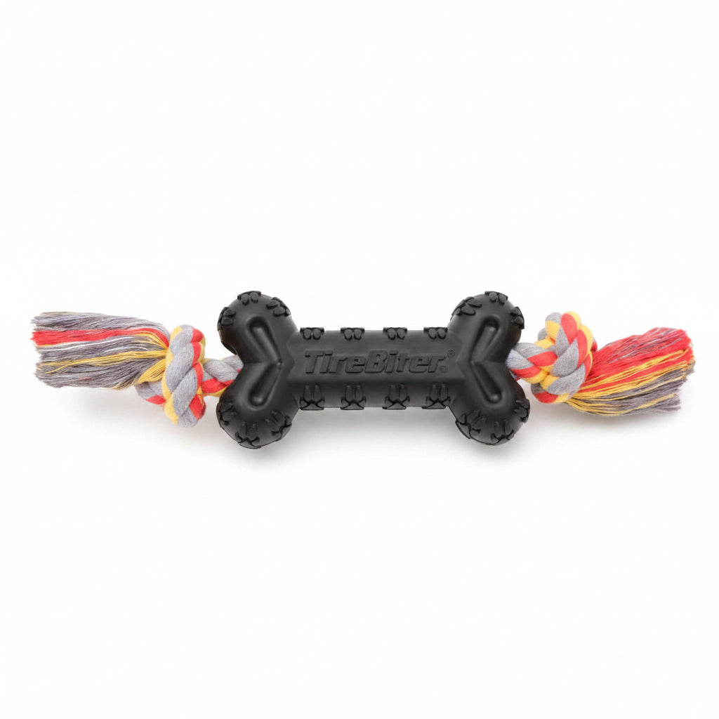 Mammoth Pet Products TireBiterII e with Cotton-Poly Rope – Natural Rubber Dog Toys for Extreme Chewers – Dog Toys for Extra Long Interactive Play – Aggressive Chewer Toys for Dogs - Large 16”, Black (31023F)