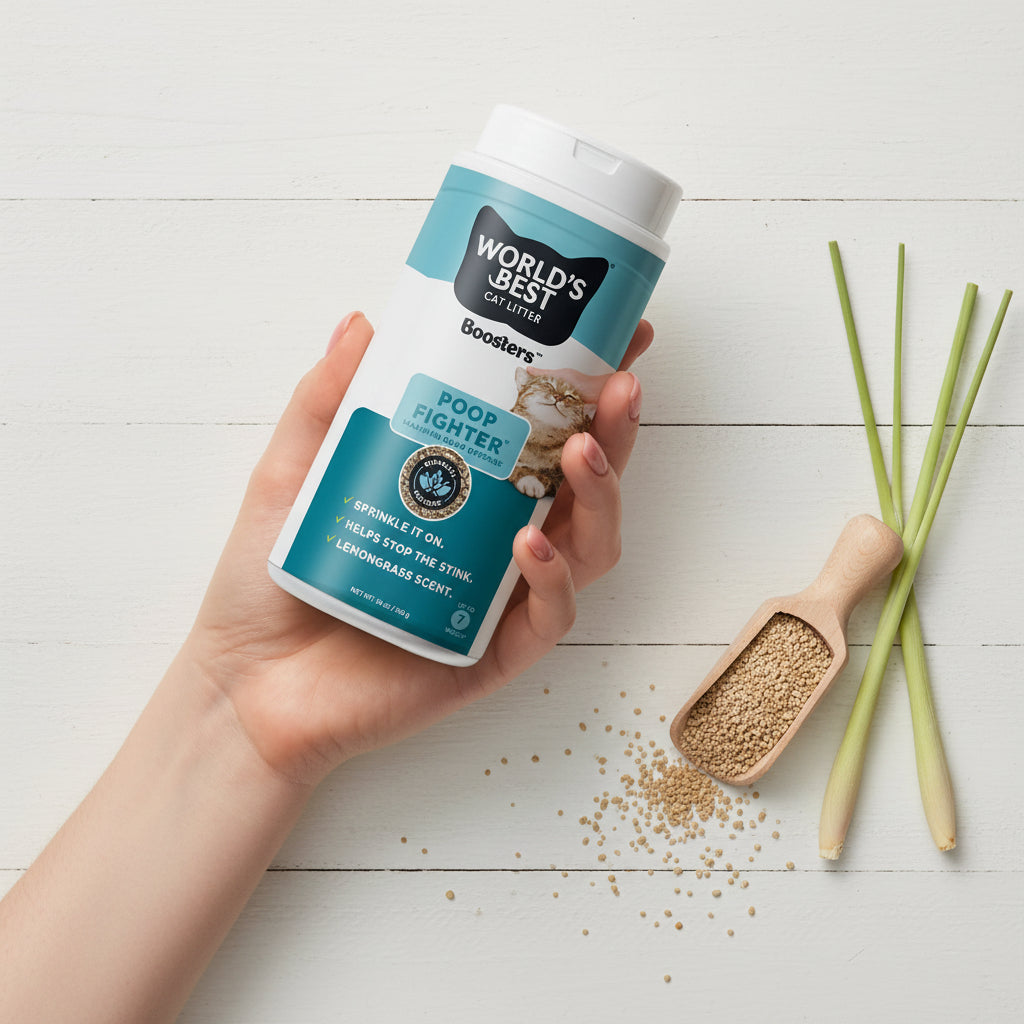 WORLD'S BEST CAT LITTER® Boosters™ Poop Fighter® | Natural and Sustainable Cat Litter Additive | Eliminates Poop, Urine, and Ammonia Odors | Botanical Blocker™ Technology | 18 oz Canister