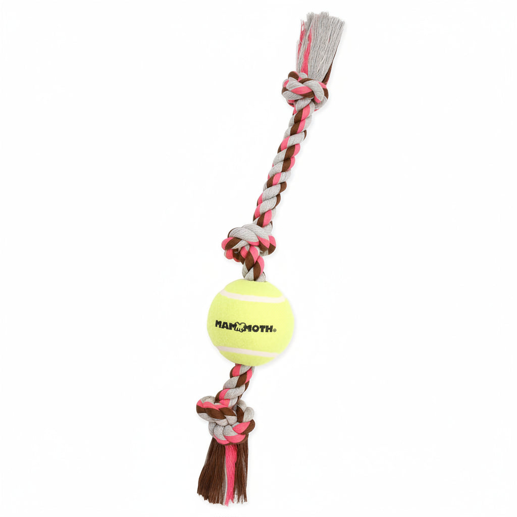 Mammoth Flossy Chews Color 3 Knot Tug w/Large Tennis Ball – Premium Cotton-Poly Tug Toy for Dogs – Interactive Dog Tug Toy – Rope Dog Toy with Tennis Ball for Large Dogs - 24”
