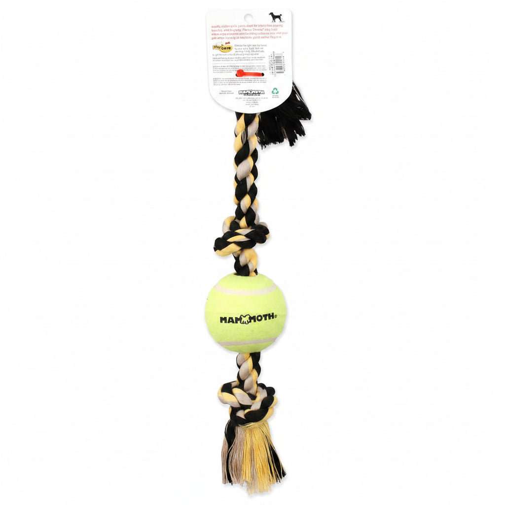 Mammoth Flossy Chews Color 3 Knot Tug w/Large Tennis Ball – Premium Cotton-Poly Tug Toy for Dogs – Interactive Dog Tug Toy – Rope Dog Toy with Tennis Ball for Large Dogs - 24”
