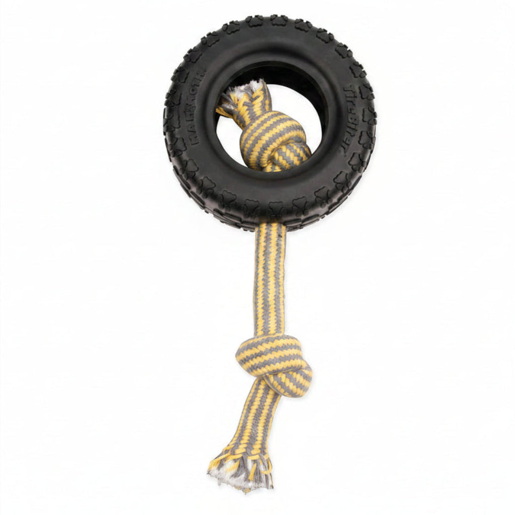 Mammoth Pet Products TireBiterII with Cotton-Poly Rope-Natural Rubber Dog Toys for Extreme Chewers-Dog Toys for Extra Long Interactive Play-Aggressive Chewer Toys for Large-X-Large 7" Black (35018F)