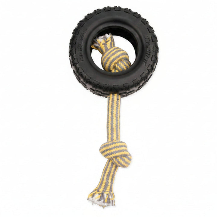 Mammoth Pet Products TireBiterII with Cotton-Poly Rope-Natural Rubber Dog Toys for Extreme Chewers-Dog Toys for Extra Long Interactive Play-Aggressive Chewer Toys for Large-X-Large 7" Black (35018F)