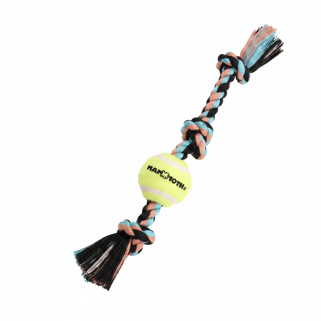 Mammoth Flossy Chews Color 3 Knot Tug w/Mini Tennis Ball – Premium Cotton-Poly Tug Toy for Dogs – Interactive – Rope Dog Toy for Small Dogs - Mini 11”