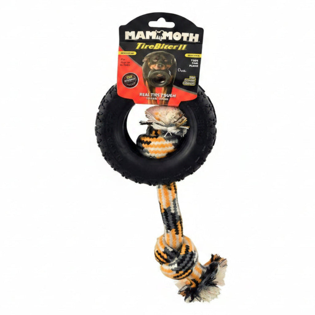 Mammoth Pet Products TireBiter w/Cotton-Poly Rope – Natural Rubber Dog Toys for Extreme Chewers – Dog Toys for Extra Long Interactive Play – Aggressive Chewer Toys for Small Dogs - Small 3.75”, Black