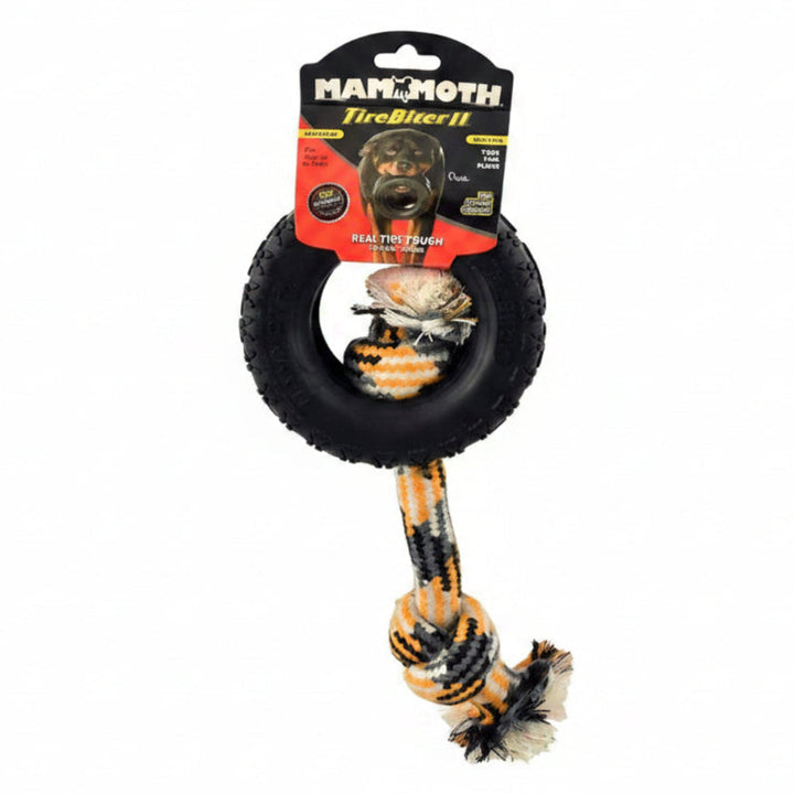 Mammoth Pet Products TireBiter w/Cotton-Poly Rope – Natural Rubber Dog Toys for Extreme Chewers – Dog Toys for Extra Long Interactive Play – Aggressive Chewer Toys for Small Dogs - Small 3.75”, Black