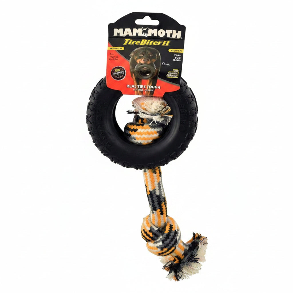 Mammoth Pet Products TireBiter w/Cotton-Poly Rope – Natural Rubber Dog Toys for Extreme Chewers – Dog Toys for Extra Long Interactive Play – Aggressive Chewer Toys for Small - Medium Dogs - Medium 5”