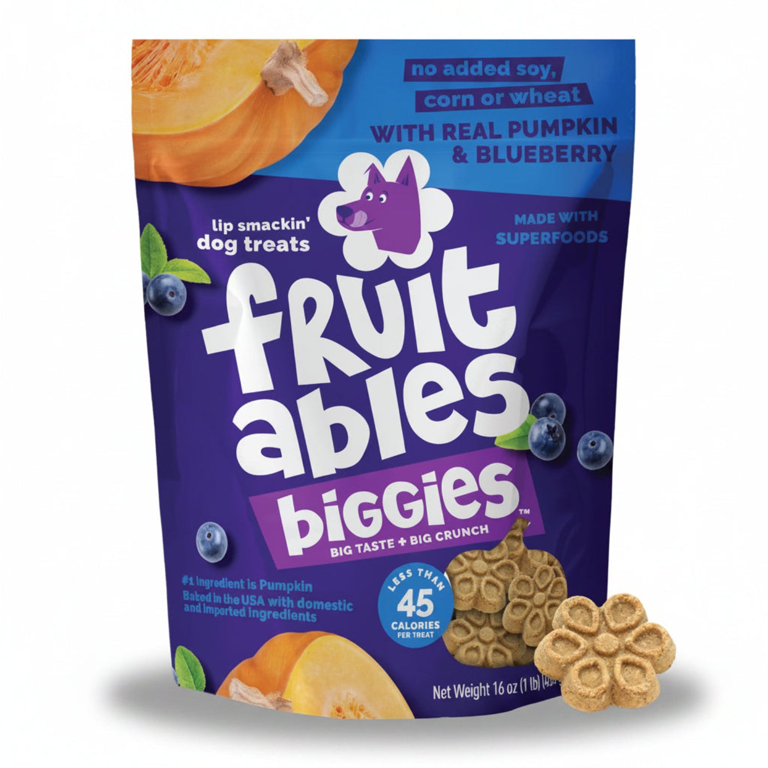 Fruitables Biggies Dog Biscuits, Healthy Treats for Dogs, Doggie Biscuits, Crunchy Pumpkin Treats, Made Without Wheat, Corn and Soy, Made in the USA, Pumpkin and Blueberry Flavor, 16oz