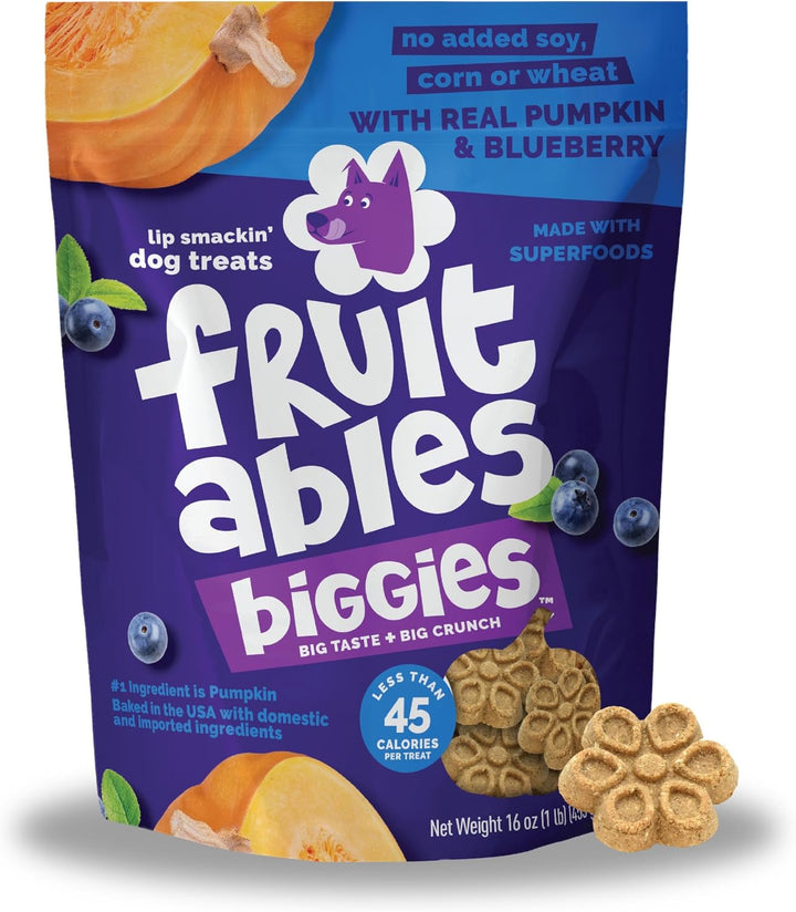 Fruitables Biggies Dog Biscuits, Healthy Treats for Dogs, Doggie Biscuits, Crunchy Pumpkin Treats, Made Without Wheat, Corn and Soy, Made in the USA, Pumpkin and Blueberry Flavor, 16oz