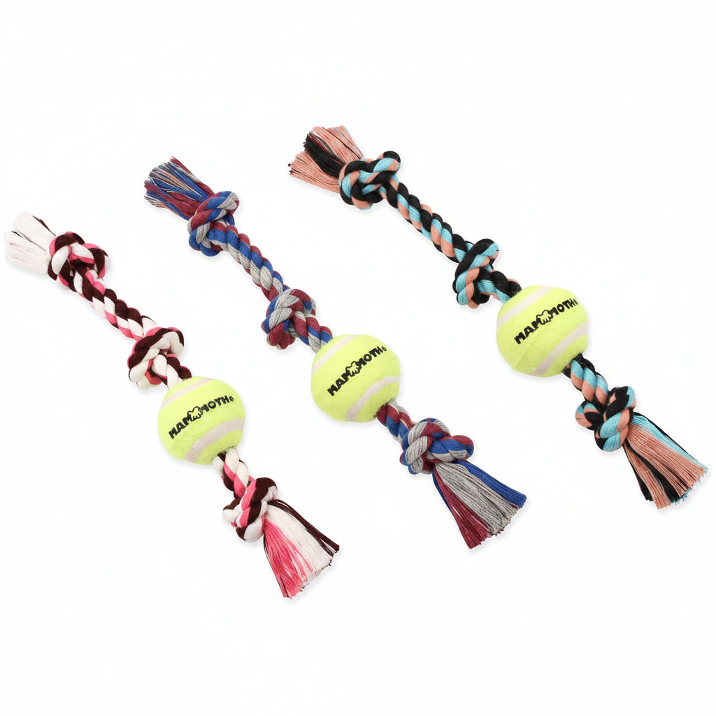 Mammoth Flossy Chews Color 3 Knot Tug w/Standard Tennis Ball – Premium Cotton-Poly Tug Toy for Dogs, Interactive Rope Dog Toy for Medium Dogs - 20” , Multi color