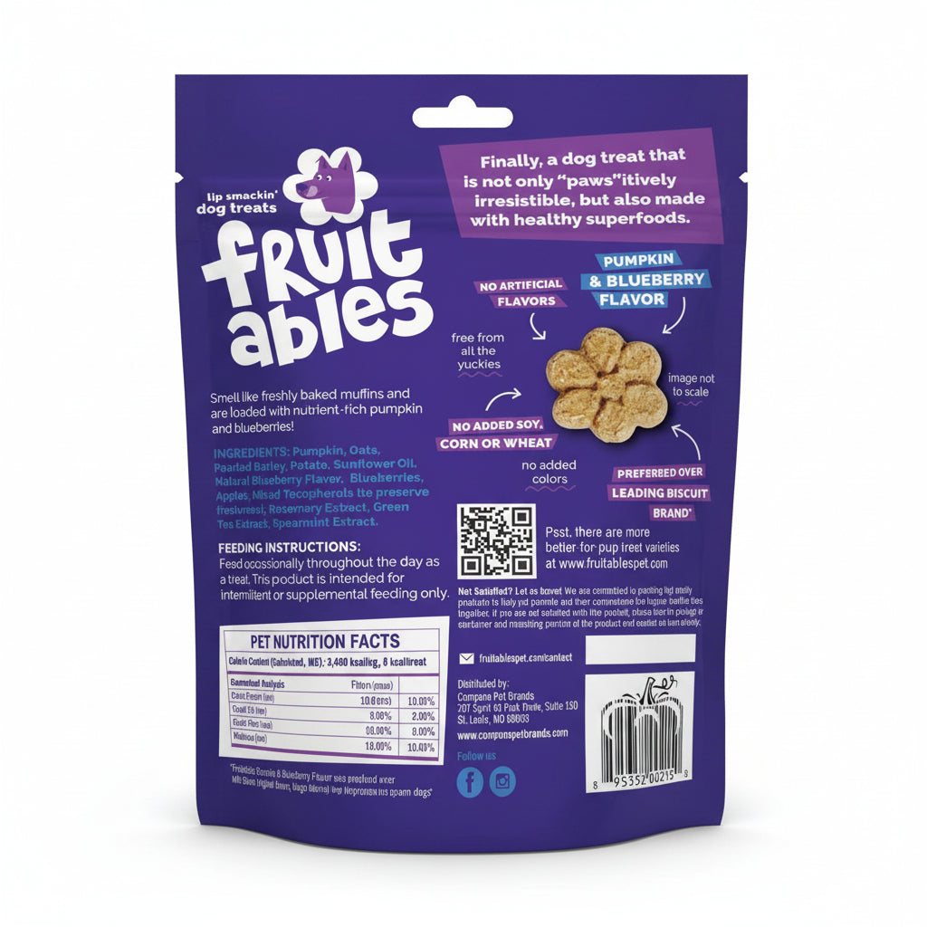Fruitables Baked Dog Treats, Healthy Pumpkin Treat for Dogs, Low Calorie & Delicious, No Wheat, Corn or Soy, Made in the USA, Pumpkin and Blueberry Flavor, 7oz