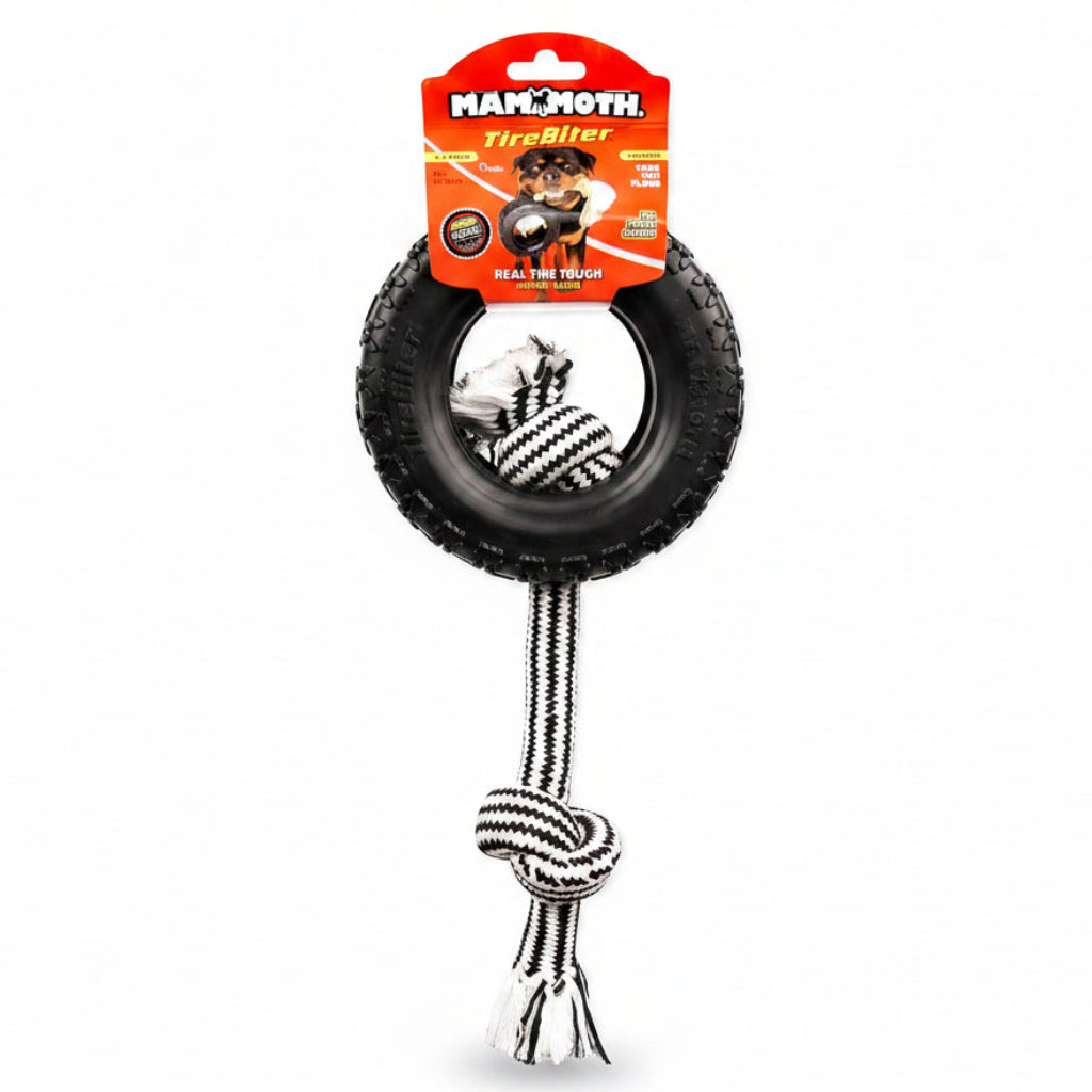 Mammoth Pet Products TireBiterII with Cotton-Poly Rope-Natural Rubber Dog Toys for Extreme Chewers-Dog Toys for Extra Long Interactive Play-Aggressive Chewer Toys for Large-X-Large 7" Black (35018F)
