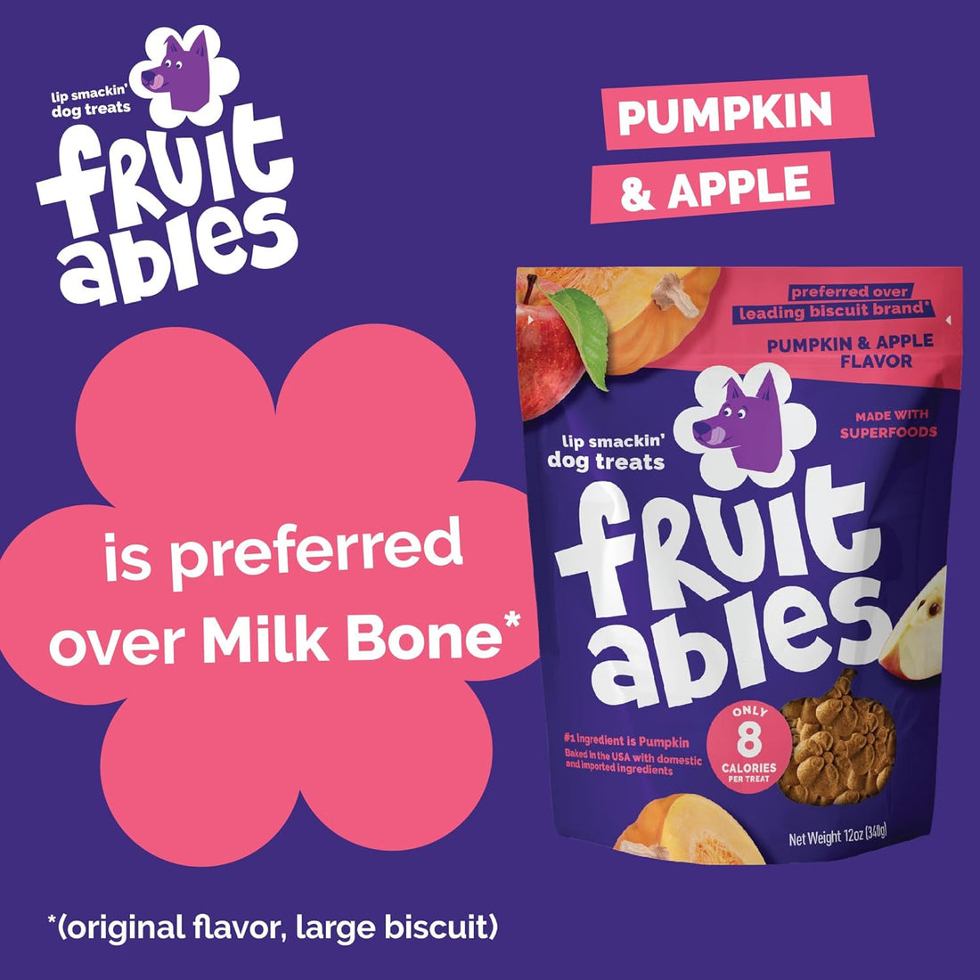 Fruitables Baked Dog Treats, Healthy Pumpkin Treat for Dogs, Low Calorie & Delicious, No Wheat, Corn or Soy, Made in the USA, Pumpkin and Apple Flavor, 7oz