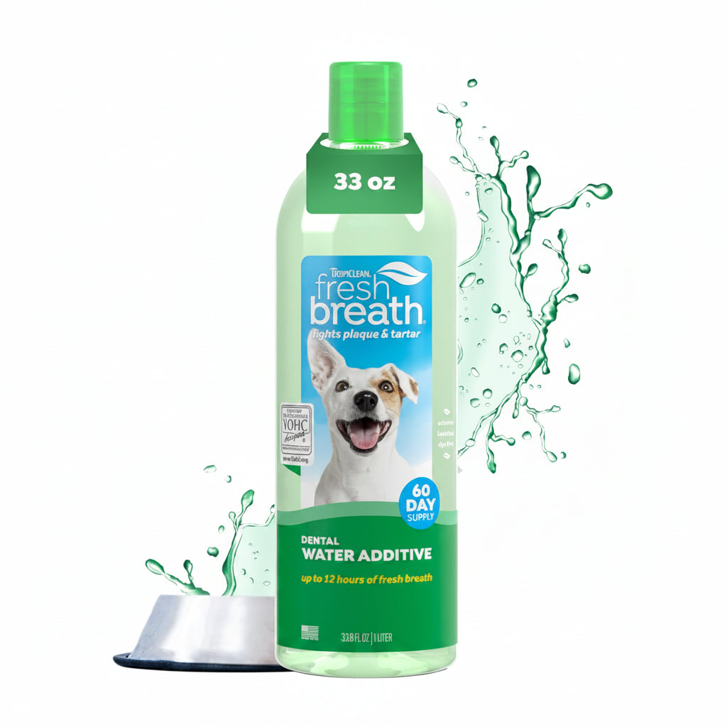 TropiClean Fresh Breath Water Additive for Dogs, Dog Breath Freshener and Teeth Cleaning Solution, No Toothpaste or Toothbrush Required, 33.8oz.