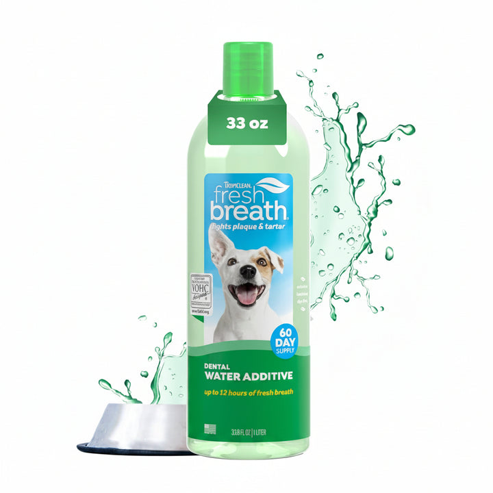 TropiClean Fresh Breath Water Additive for Dogs, Dog Breath Freshener and Teeth Cleaning Solution, No Toothpaste or Toothbrush Required, 33.8oz.