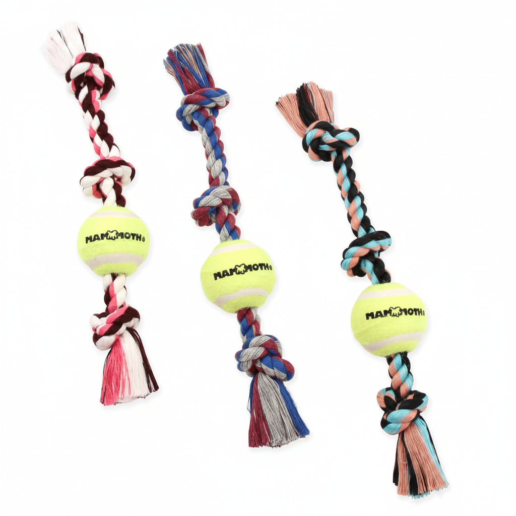 Mammoth Flossy Chews Color 3 Knot Tug w/Mini Tennis Ball – Premium Cotton-Poly Tug Toy for Dogs – Interactive – Rope Dog Toy for Small Dogs - Mini 11”