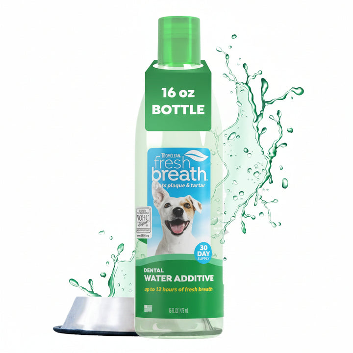 TropiClean Fresh Breath Water Additive for Dogs, Dog Breath Freshener and Teeth Cleaning Solution, No Toothpaste or Toothbrush Required, 16oz.