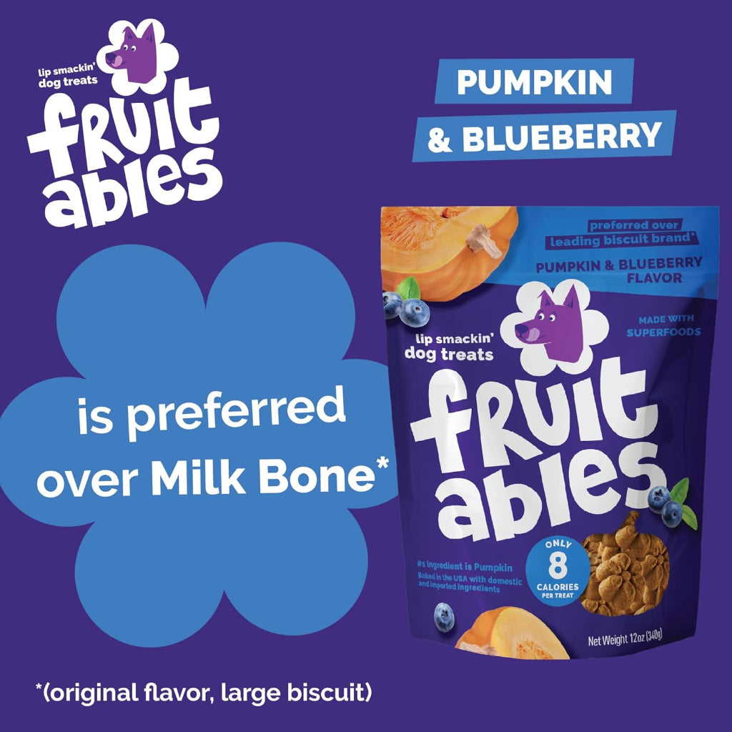 Fruitables Baked Dog Treats, Healthy Pumpkin Treat for Dogs, Low Calorie & Delicious, No Wheat, Corn or Soy, Made in the USA, Pumpkin and Blueberry Flavor, 7oz