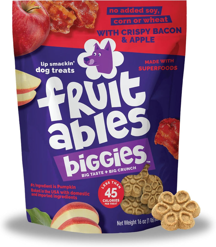 Fruitables Biggies Dog Biscuits, Healthy Treats for Dogs, Pumpkin Doggie Biscuits, Crunchy Treats, Made Without Wheat, Corn and Soy, Made in the USA, Crispy Apple and Bacon Flavor, 16oz