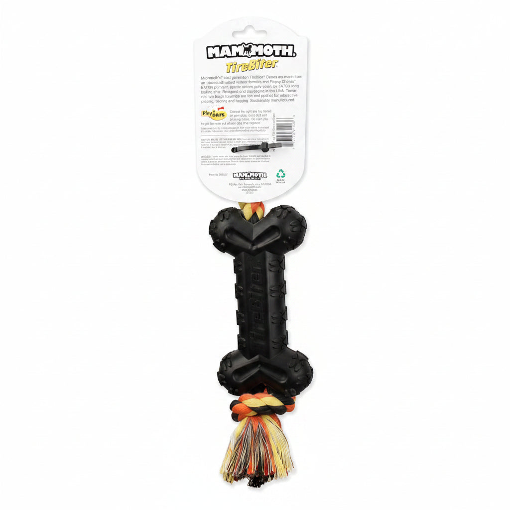 Mammoth Pet Products TireBiterII e with Cotton-Poly Rope – Natural Rubber Dog Toys for Extreme Chewers – Dog Toys for Extra Long Interactive Play – Aggressive Chewer Toys for Dogs - Large 16”, Black (31023F)