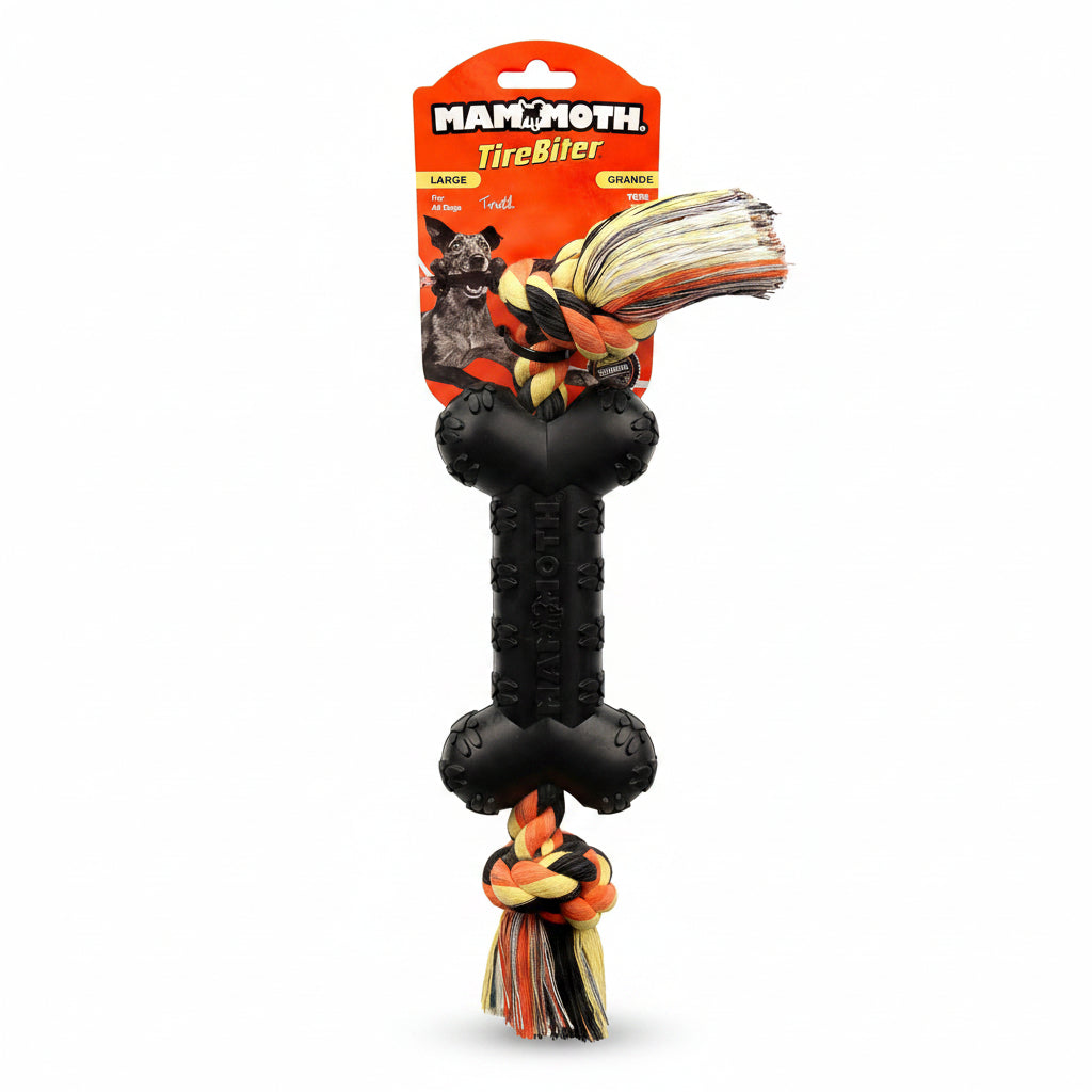 Mammoth Pet Products TireBiterII e with Cotton-Poly Rope – Natural Rubber Dog Toys for Extreme Chewers – Dog Toys for Extra Long Interactive Play – Aggressive Chewer Toys for Dogs - Large 16”, Black (31023F)