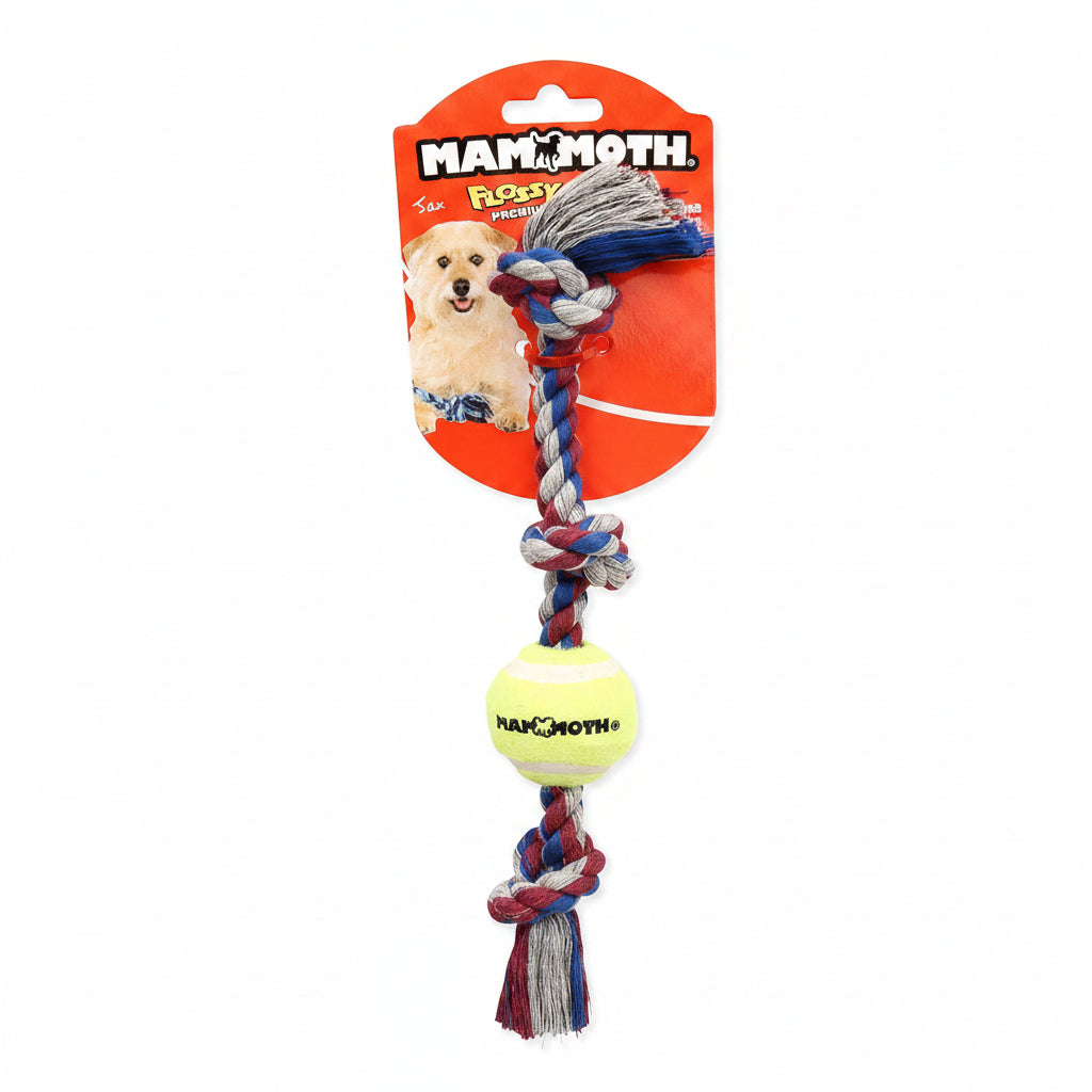 Mammoth Flossy Chews Color 3 Knot Tug w/Mini Tennis Ball – Premium Cotton-Poly Tug Toy for Dogs – Interactive – Rope Dog Toy for Small Dogs - Mini 11”