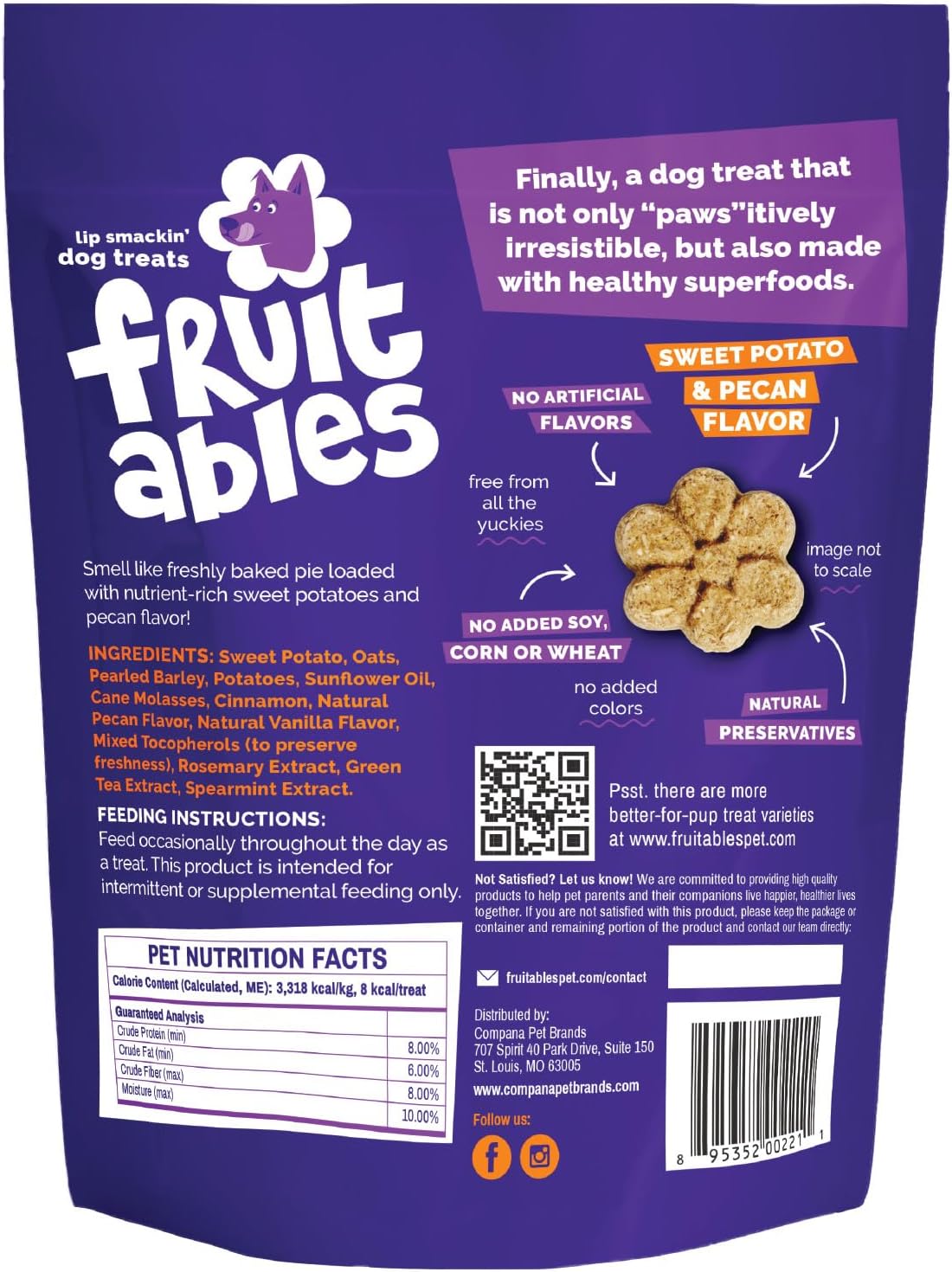 Fruitables Baked Dog Treats, Sweet Potato Snacks for Dogs, Low Calorie & Delicious, No Wheat, Corn or Soy, Healthy Puppy Training Treats, Made in the USA, Sweet Potato and Cranberry Flavor, 7oz