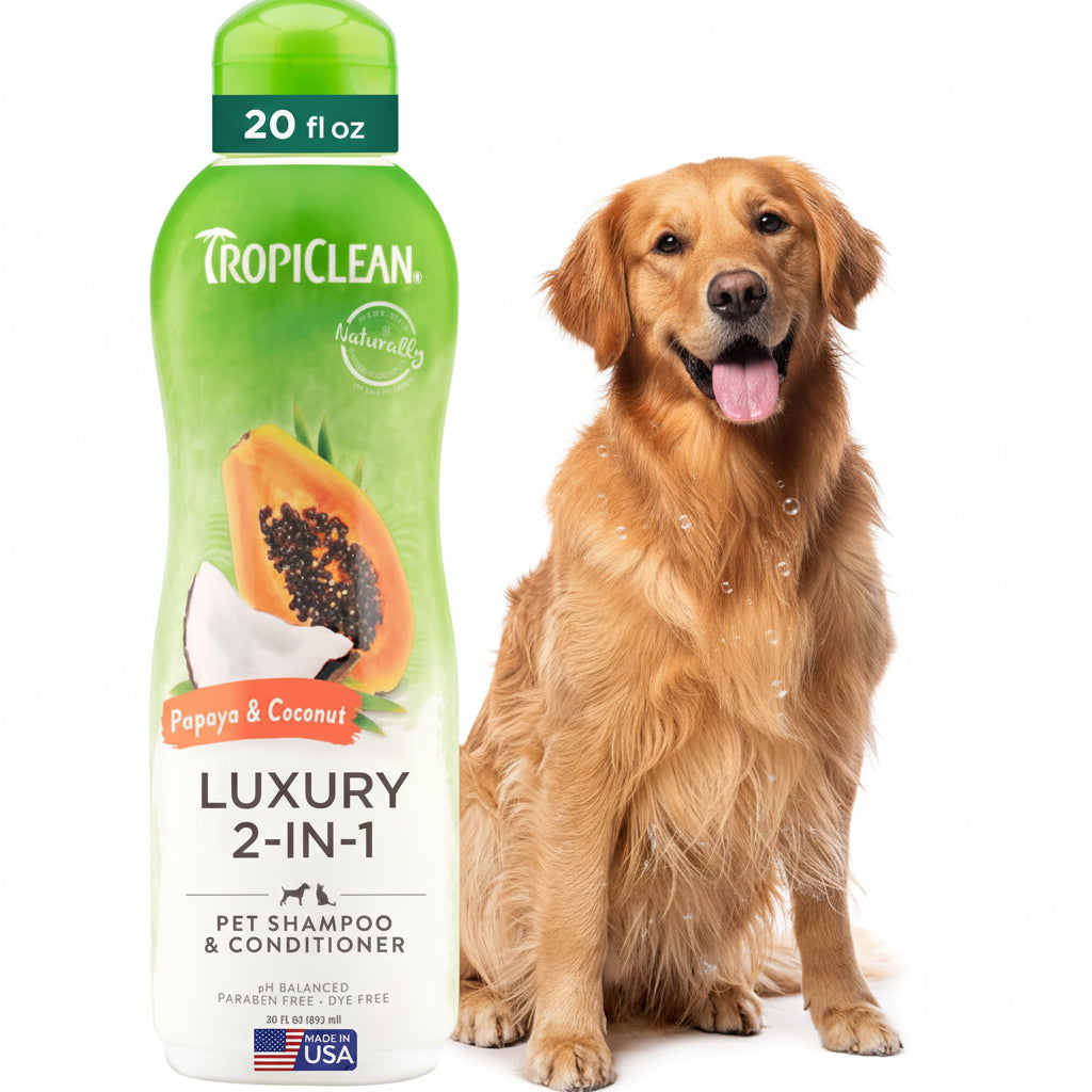 TropiClean 2-in-1 Dog Shampoo and Conditioner, Moisturizing Dog Detangler, Puppy Safe, Made in the USA, Papaya Scent, Cat & Kitten Safe, 20oz.