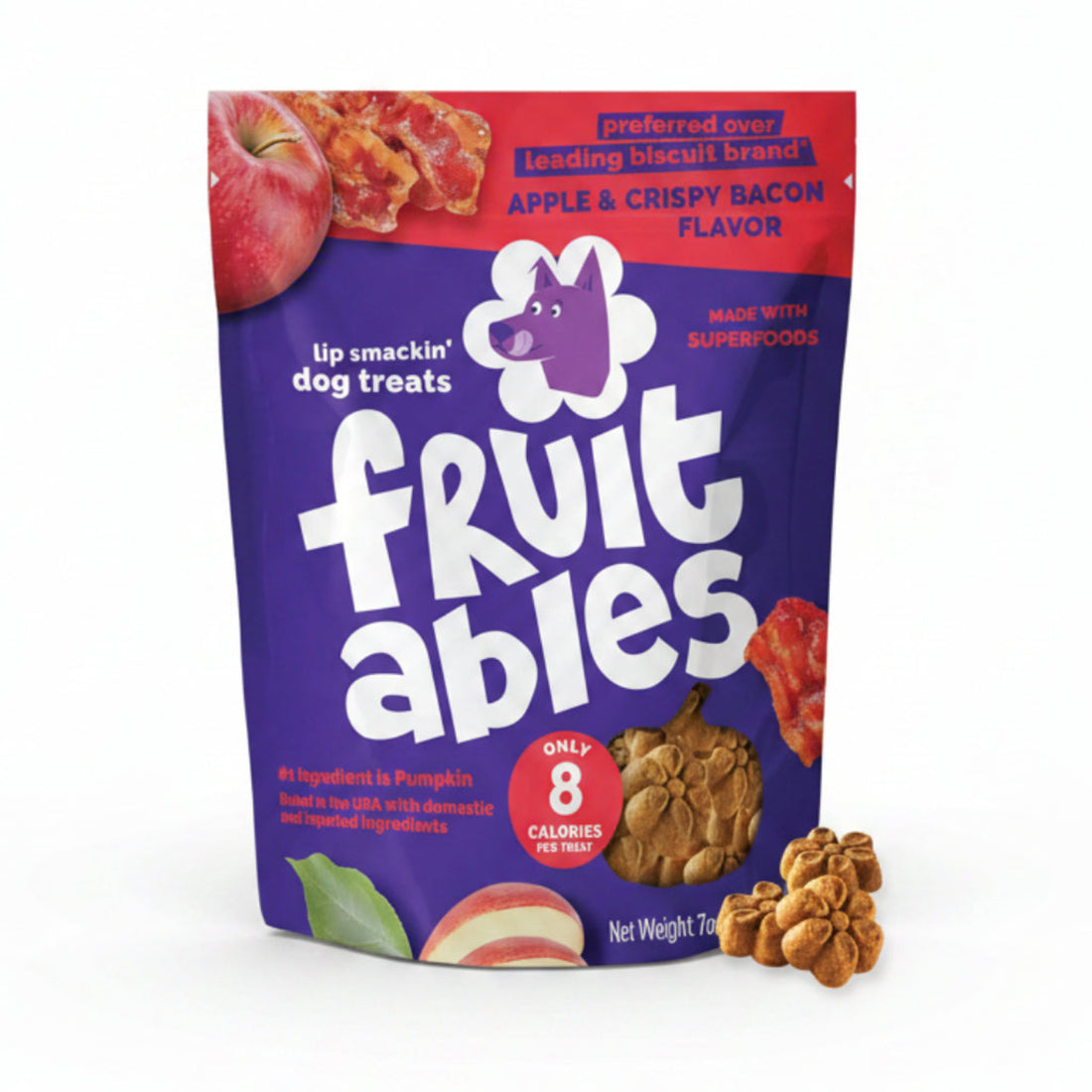 Fruitables Baked Dog Treats, Pumpkin Snacks for Dogs, Low Calorie & Delicious, No Wheat, Corn or Soy, Healthy Puppy Training Treats, Made in the USA, Apple and Crispy Bacon Flavor, 7oz