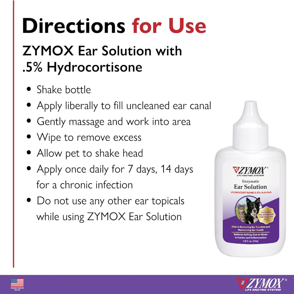 ZYMOX Enzymatic Ear Solution with 0.5-Percent Hydrocortisone, for Dog & Cat, 1.25 oz