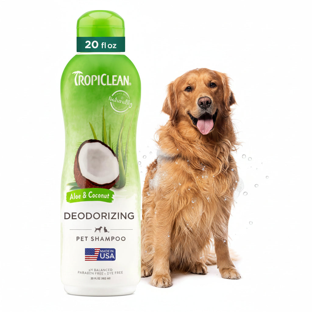 TropiClean Deodorizing Dog Shampoo for Smelly Dogs, Powerful Odor Control, Puppy Safe, Made in the USA, Aloe & Coconut Scent, Cat Friendly, 20oz.