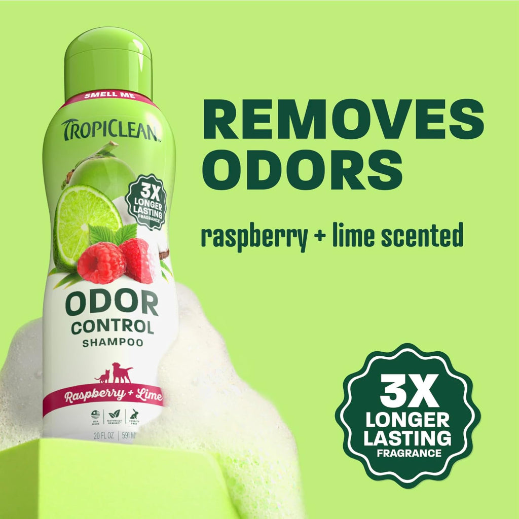 TropiClean Deodorizing Dog Shampoo, Powerful Odor Control, Long-Lasting Raspberry Lime Scent, Puppy Safe, Made in The USA, Cat Friendly, 20oz.