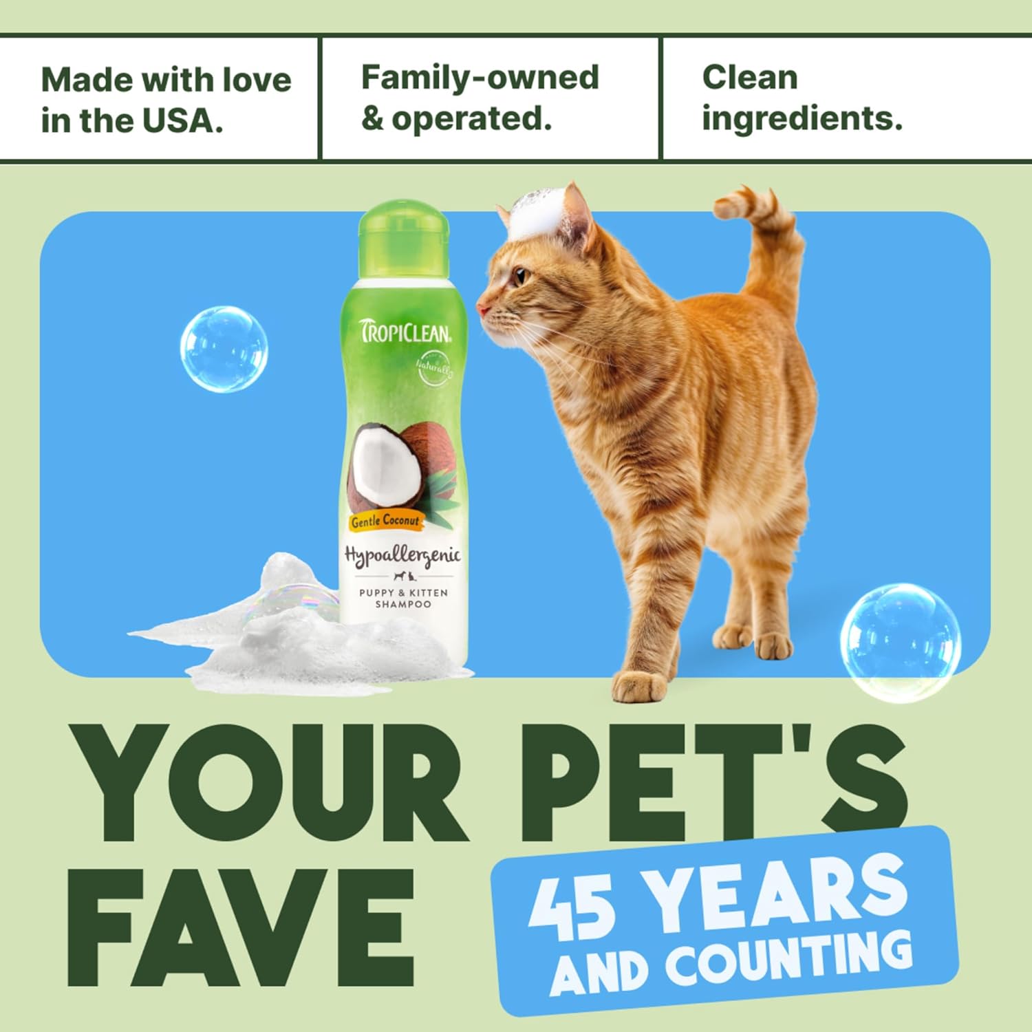TropiClean Gentle Kitten & Cat Shampoo, Pet Shampoo for Allergies & Sensitive Skin, Made in USA, Gentle Coconut Scent, Safe for Puppies & Dogs, 12oz.