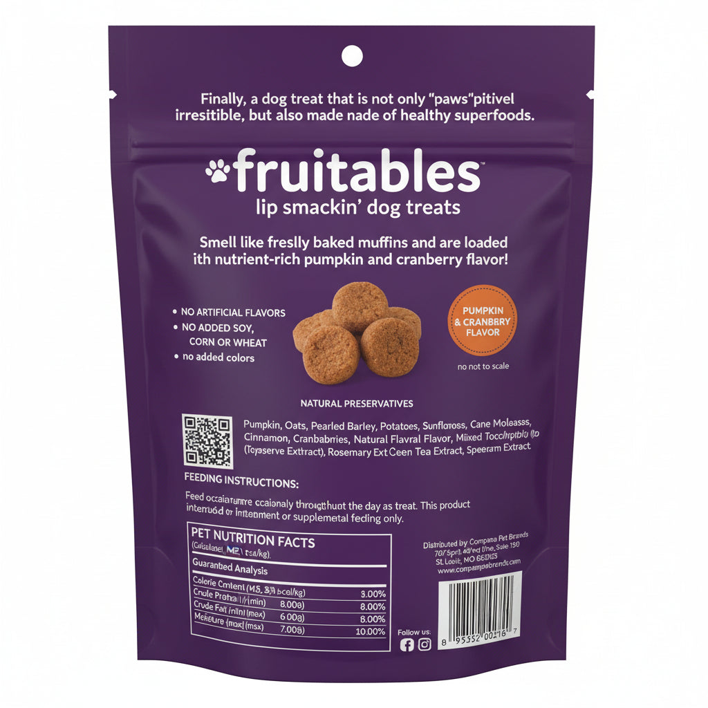 Fruitables Baked Dog Treats, Healthy Pumpkin Snacks for Dogs, Low Calorie & Delicious, No Wheat, Corn or Soy, Puppy Training Treats, Made in the USA, Pumpkin and Cranberry Flavor, 7oz