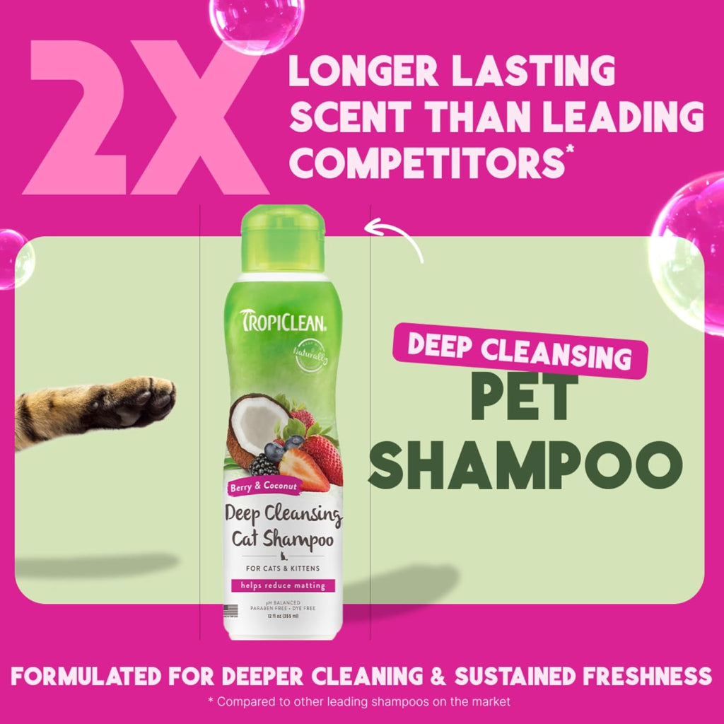 TropiClean Berry & Coconut Deep Cleansing Cat Shampoo | Kitten Shampoo Reduces Matting | Natural Shampoo Derived from Natural Ingredients | Made in The USA | 12 oz.