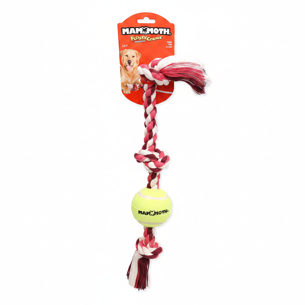 Mammoth Flossy Chews Color 3 Knot Tug w/Standard Tennis Ball – Premium Cotton-Poly Tug Toy for Dogs, Interactive Rope Dog Toy for Medium Dogs - 20” , Multi color