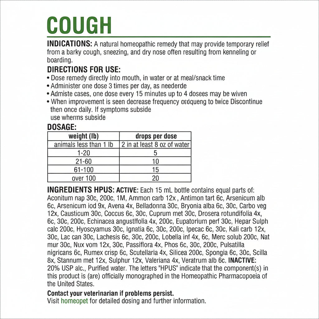 HomeoPet Cough, Safe and Natural Cough Supplement for Dogs, Cats, and Small Pets, 15 Milliliters