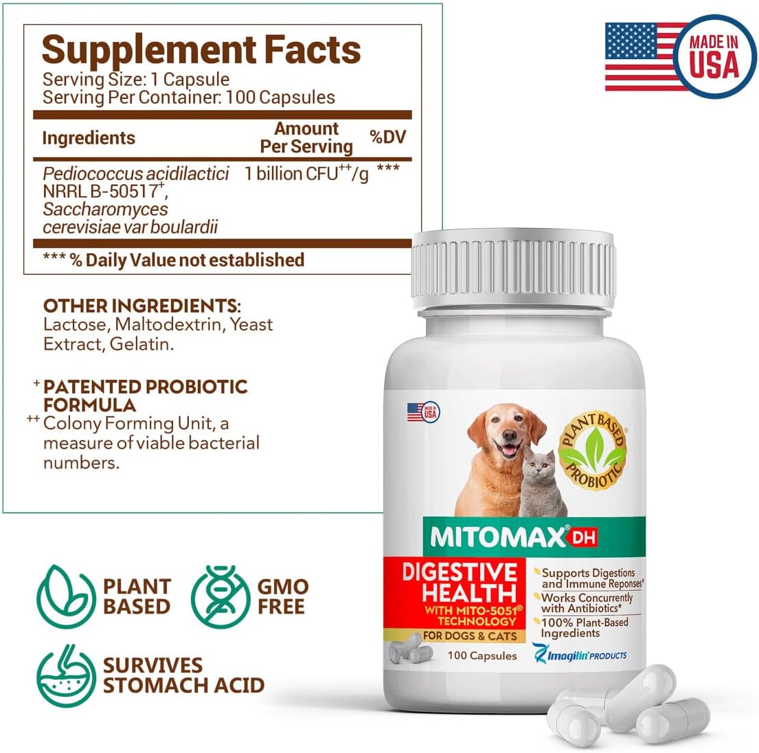 MitoMax DH for Digestive Health, Plant Based Probiotics for Dogs and Cats, 100 Capsules per Bottle