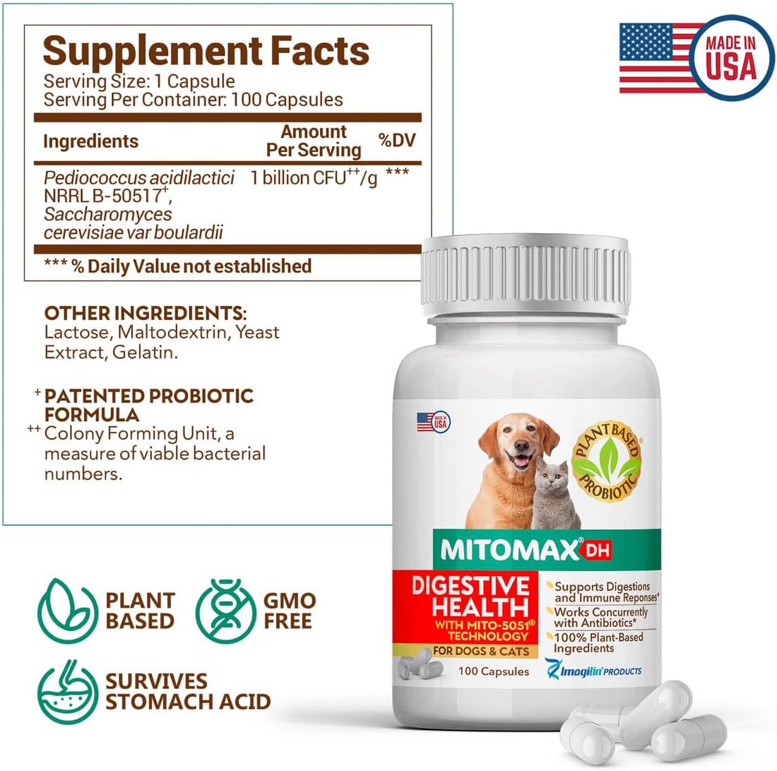 MitoMax DH for Digestive Health, Plant Based Probiotics for Dogs and Cats, 100 Capsules per Bottle