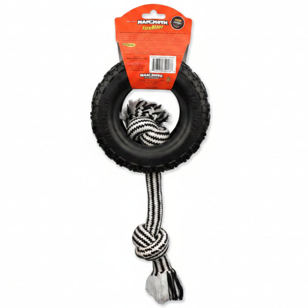 Mammoth Pet Products TireBiterII with Cotton-Poly Rope-Natural Rubber Dog Toys for Extreme Chewers-Dog Toys for Extra Long Interactive Play-Aggressive Chewer Toys for Large-X-Large 7" Black (35018F)