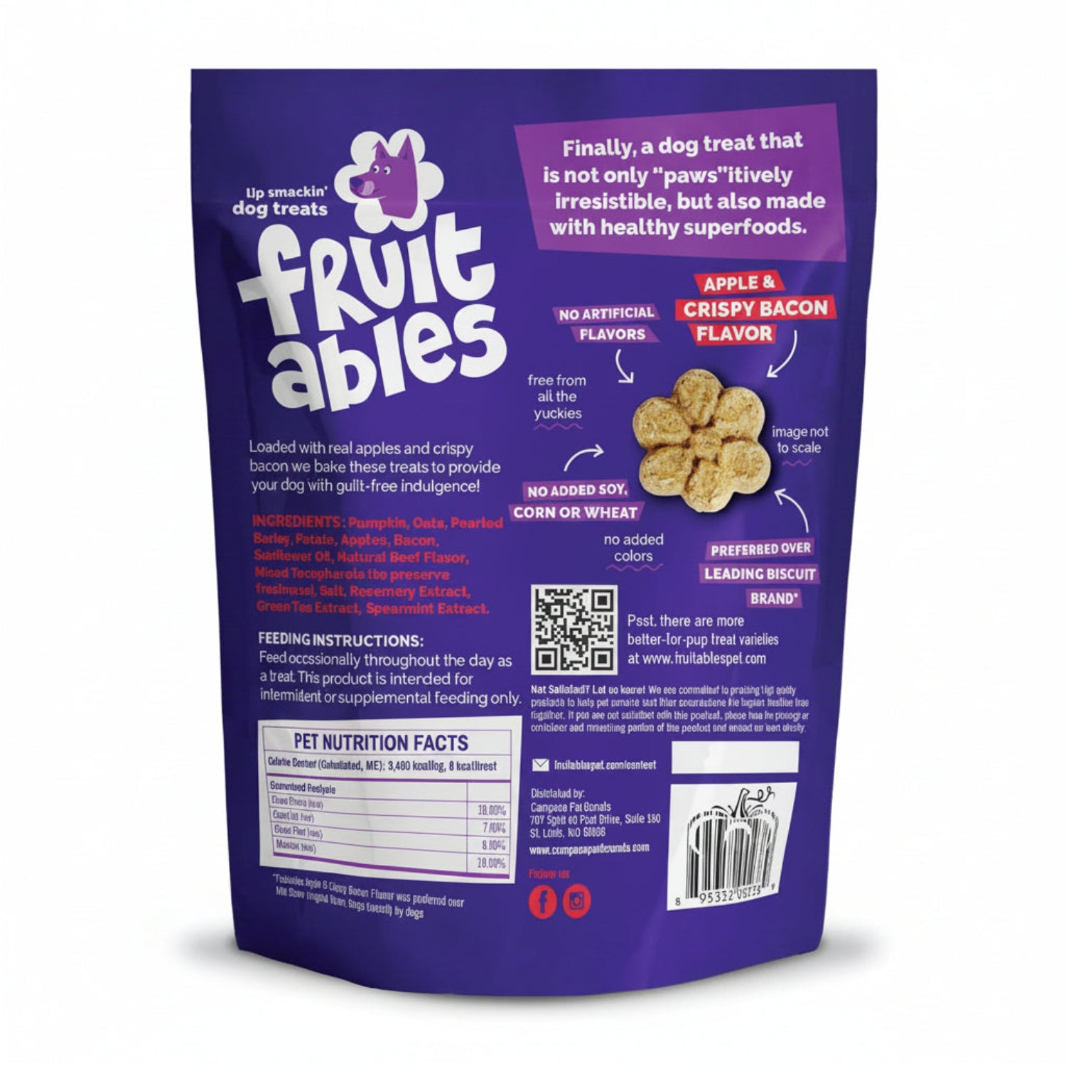 Fruitables Baked Dog Treats, Pumpkin Snacks for Dogs, Low Calorie & Delicious, No Wheat, Corn or Soy, Healthy Puppy Training Treats, Made in the USA, Apple and Crispy Bacon Flavor, 7oz