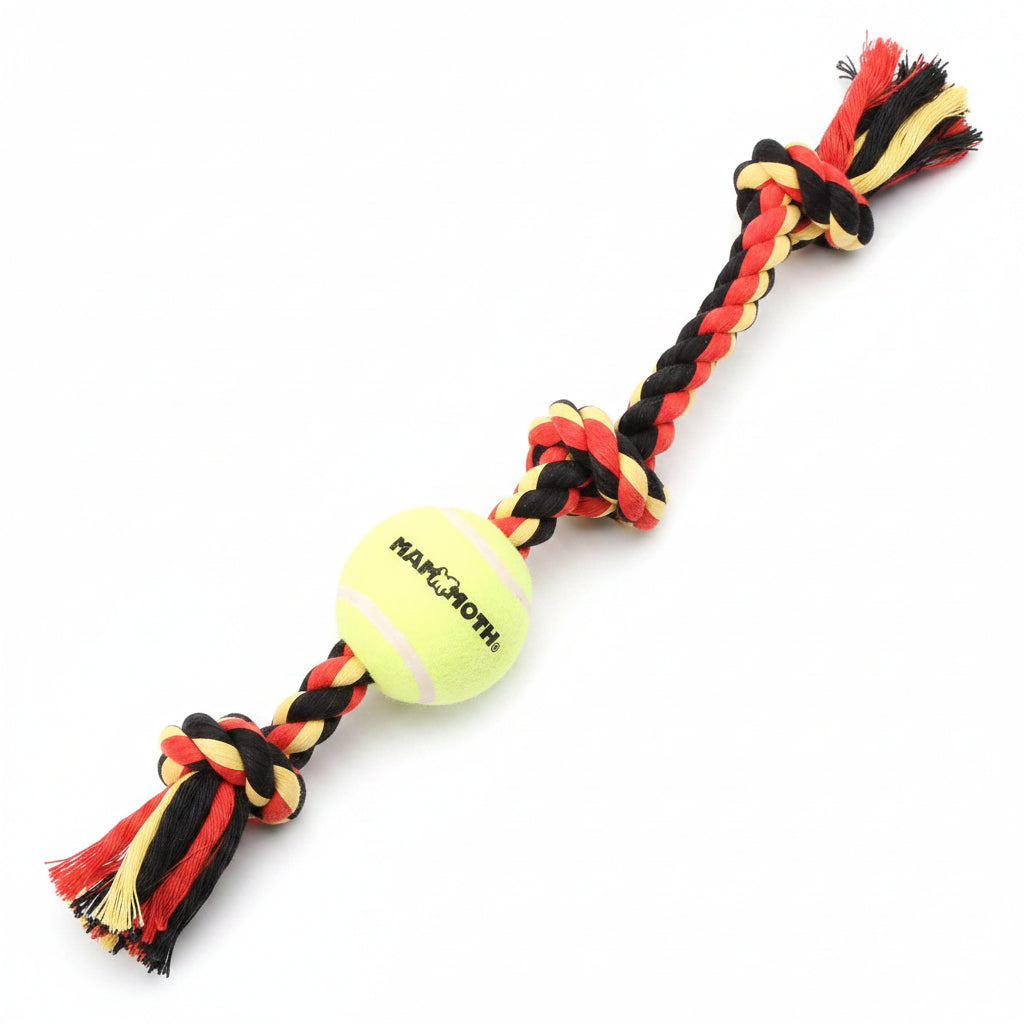Mammoth Flossy Chews Color 3 Knot Tug w/Standard Tennis Ball – Premium Cotton-Poly Tug Toy for Dogs, Interactive Rope Dog Toy for Medium Dogs - 20” , Multi color