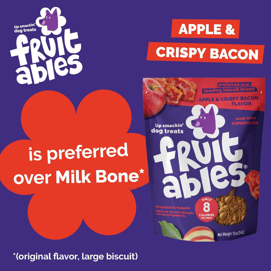 Fruitables Baked Dog Treats, Healthy Pumpkin Treat for Dogs, Low Calorie & Delicious, Free of Wheat, Corn and Soy, Made in the USA, Apple and Crispy Bacon Flavor, 12oz