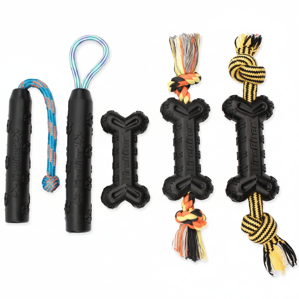 Mammoth Pet Products TireBiterII e with Cotton-Poly Rope – Natural Rubber Dog Toys for Extreme Chewers – Dog Toys for Extra Long Interactive Play – Aggressive Chewer Toys for Dogs - Large 16”, Black (31023F)