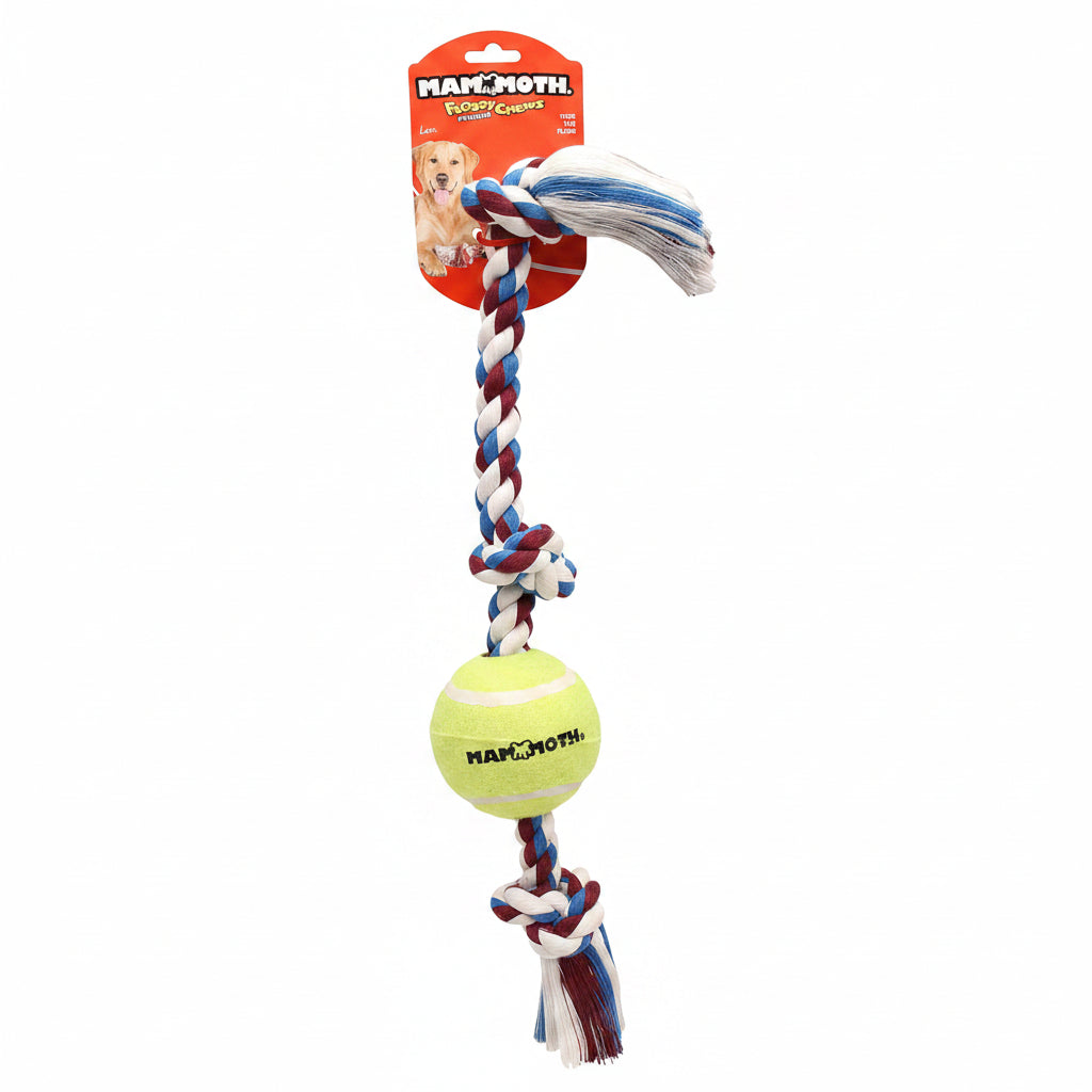Mammoth Flossy Chews Color 3 Knot Tug w/Large Tennis Ball – Premium Cotton-Poly Tug Toy for Dogs – Interactive Dog Tug Toy – Rope Dog Toy with Tennis Ball for Large Dogs - 24”