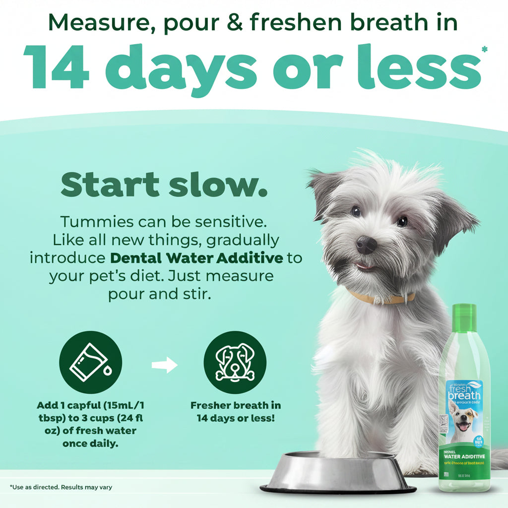 TropiClean Fresh Breath Water Additive for Dogs, Dog Breath Freshener and Teeth Cleaning Solution, No Toothpaste or Toothbrush Required, 16oz.