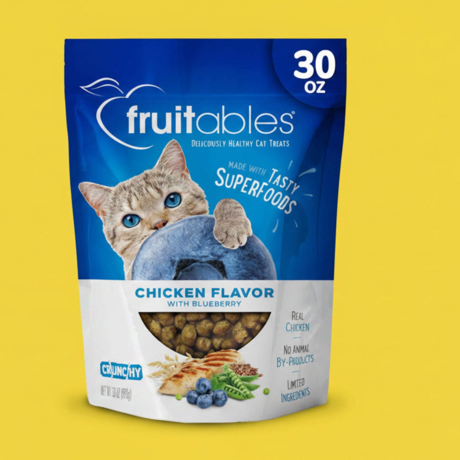 Fruitables Cat Treats Crunchy Cat Treats Packed with Protein Healthy Low Calorie Free of Wheat, Corn and Soy Made with Real Chicken and Blueberry 30 Ounces