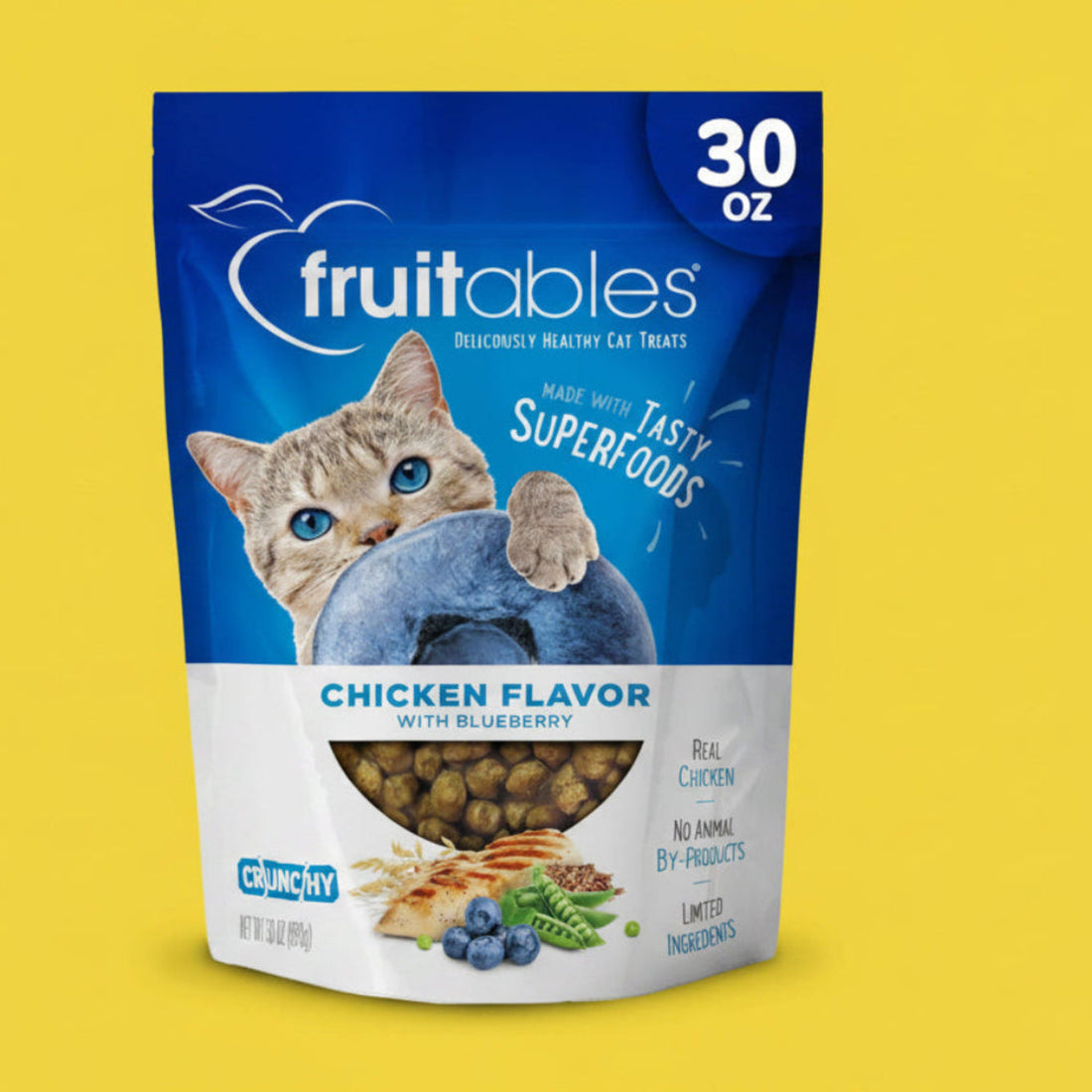 Fruitables Cat Treats Crunchy Cat Treats Packed with Protein Healthy Low Calorie Free of Wheat, Corn and Soy Made with Real Chicken and Blueberry 30 Ounces