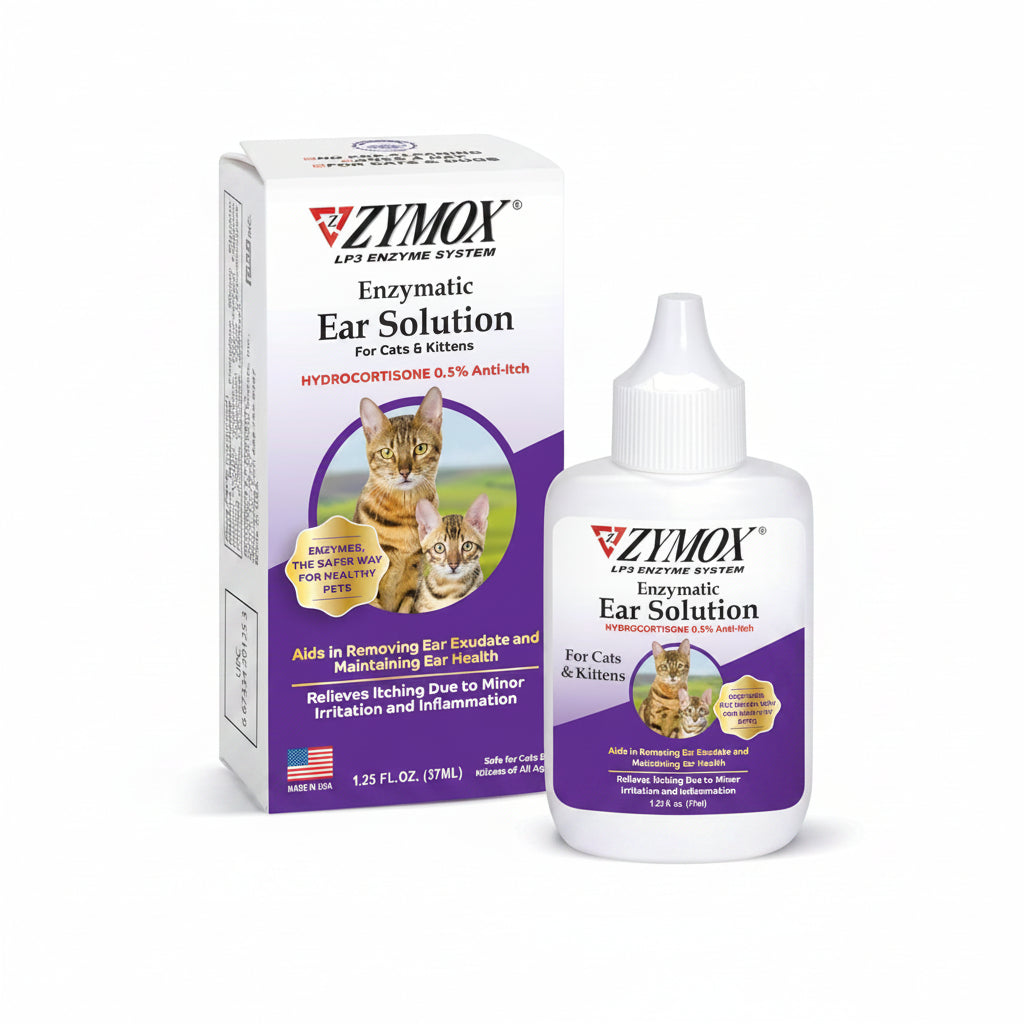 Zymox Enzymatic Ear Solution with 0.5% Hydrocortisone for Cats & Kittens, 1.25 oz. – Cleans & Refreshes Ear Canal for Relief from Wax, Dirt Buildup, Itchiness, Irritation, Inflammation & Redness