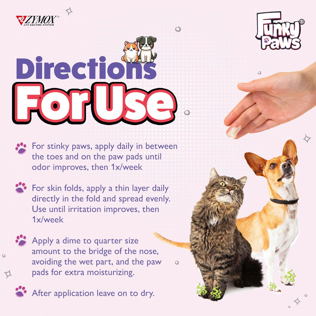 Zymox Funky Paws - Paw, Nose & Fold Cream for Dogs & Cats - Veterinary Strength - Reduces Corn Chip Feet Smell - Hydrates & Soothes the Skin - Relieves Itching & Irritation - Fragrance Free - 90g